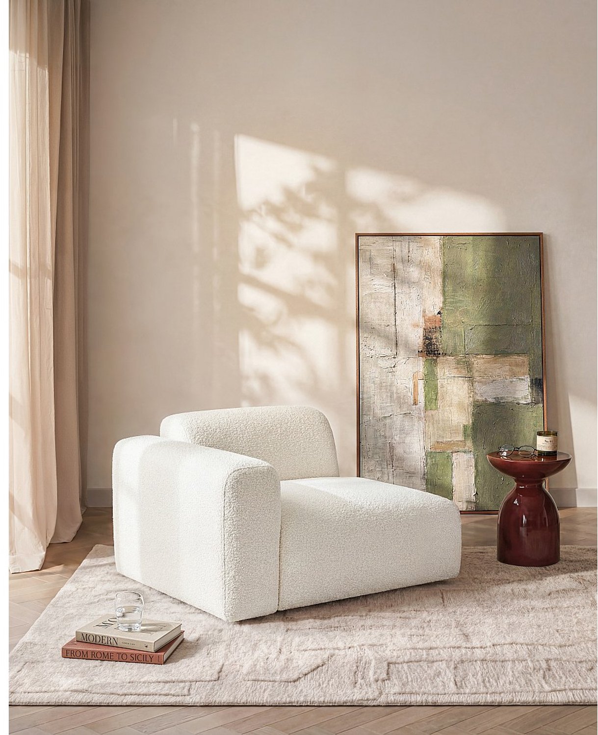 Vente-unique Hoekmodule fauteuil links - Boucléstof - Wit - Maison Céphy POGNI