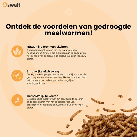 Infographic over de voordelen van Oswalt gedroogde meelwormen voor dieren.