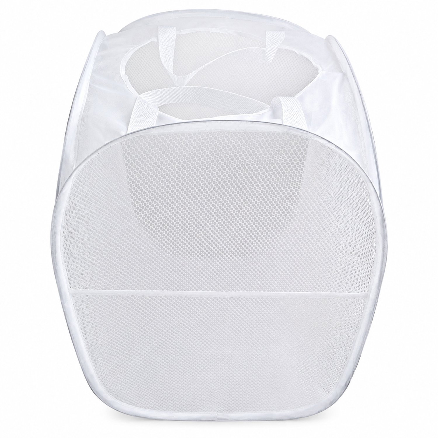 Witte opvouwbare pop-upwasmand van gaas met ronde opening en draaggrepen voor de wasruimte of badkamer
