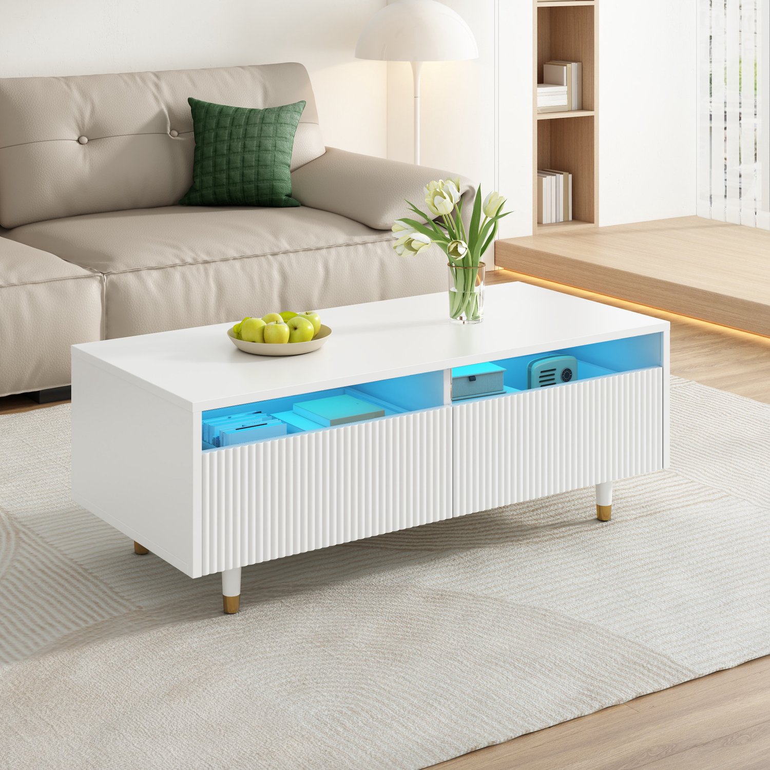 DantefHandels Dieser moderne LED-salontafel verfügt über eine gewellte ladenplatte, gold-wite poten, zwei laden en einen farbwechselnden LED-Lichtstreifen. Ein passender TV-Schrank ist ebenfalls erhältl