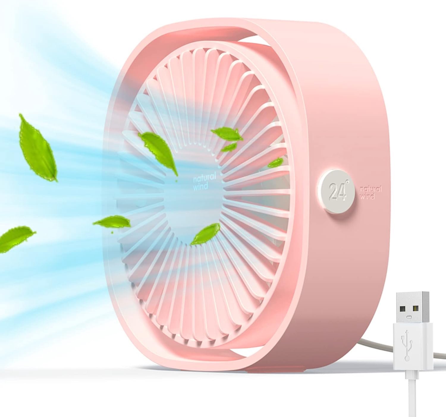 AMVORA USB-ventilator, draagbaar, stil, 3 snelheden, verstelbaar, stroomvoorziening via USB, voor thuis en op kantoor (roze)