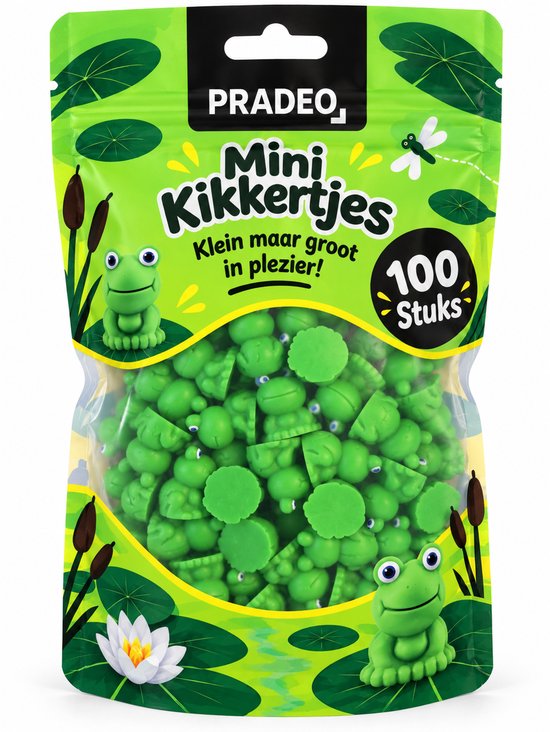 Verpakking met 100 kleine groene plastic kikkertjes, versierd met waterlelies en riet.