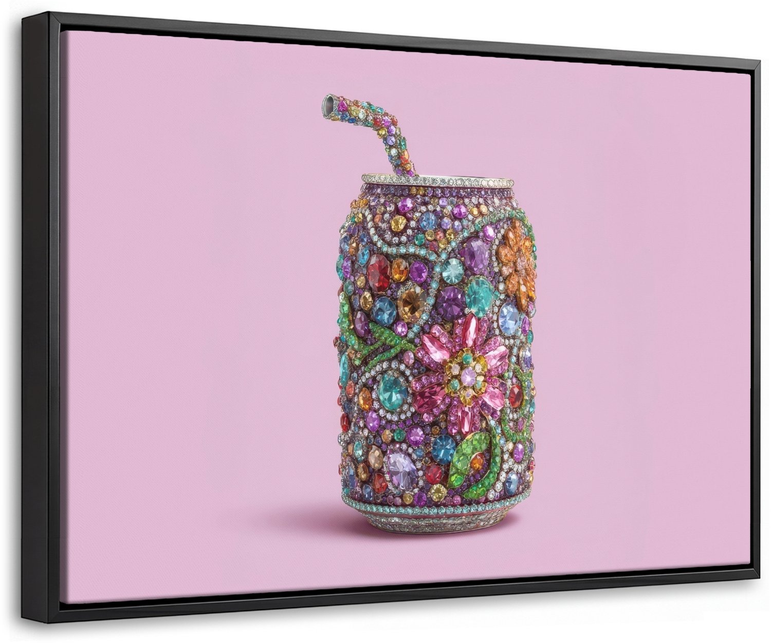Canvas Schilderij met Baklijst 30x20cm - Frisdrankblikje - Bloemenpatroon - Edelstenen - Kleurrijk - Muurdecoratie woonkamer - Slaapkamer decoratie - Kamer accessoires - Schilderijen op canvas met lijst