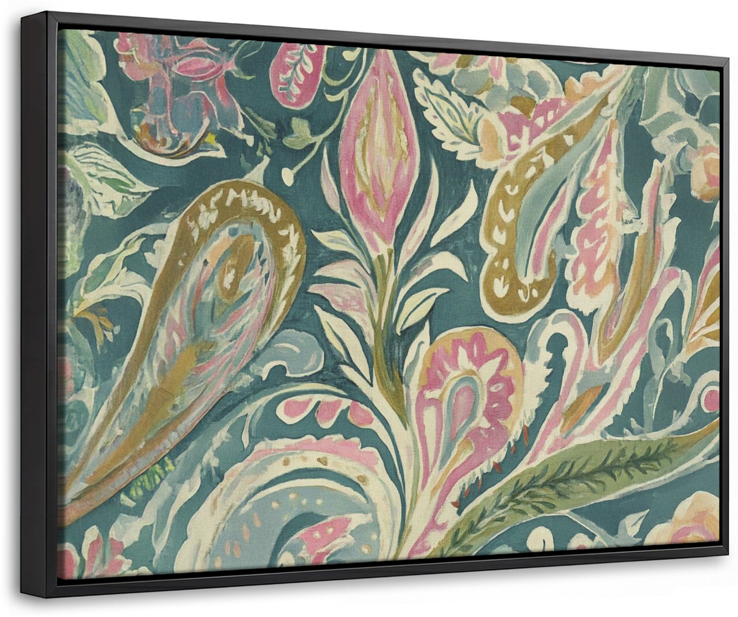 Canvas Schilderij met Baklijst 60x40cm - Patroon - Kleurrijk - Sierlijk - Groen - Muurdecoratie woonkamer - Slaapkamer decoratie - Kamer accessoires - Schilderijen op canvas met lijst