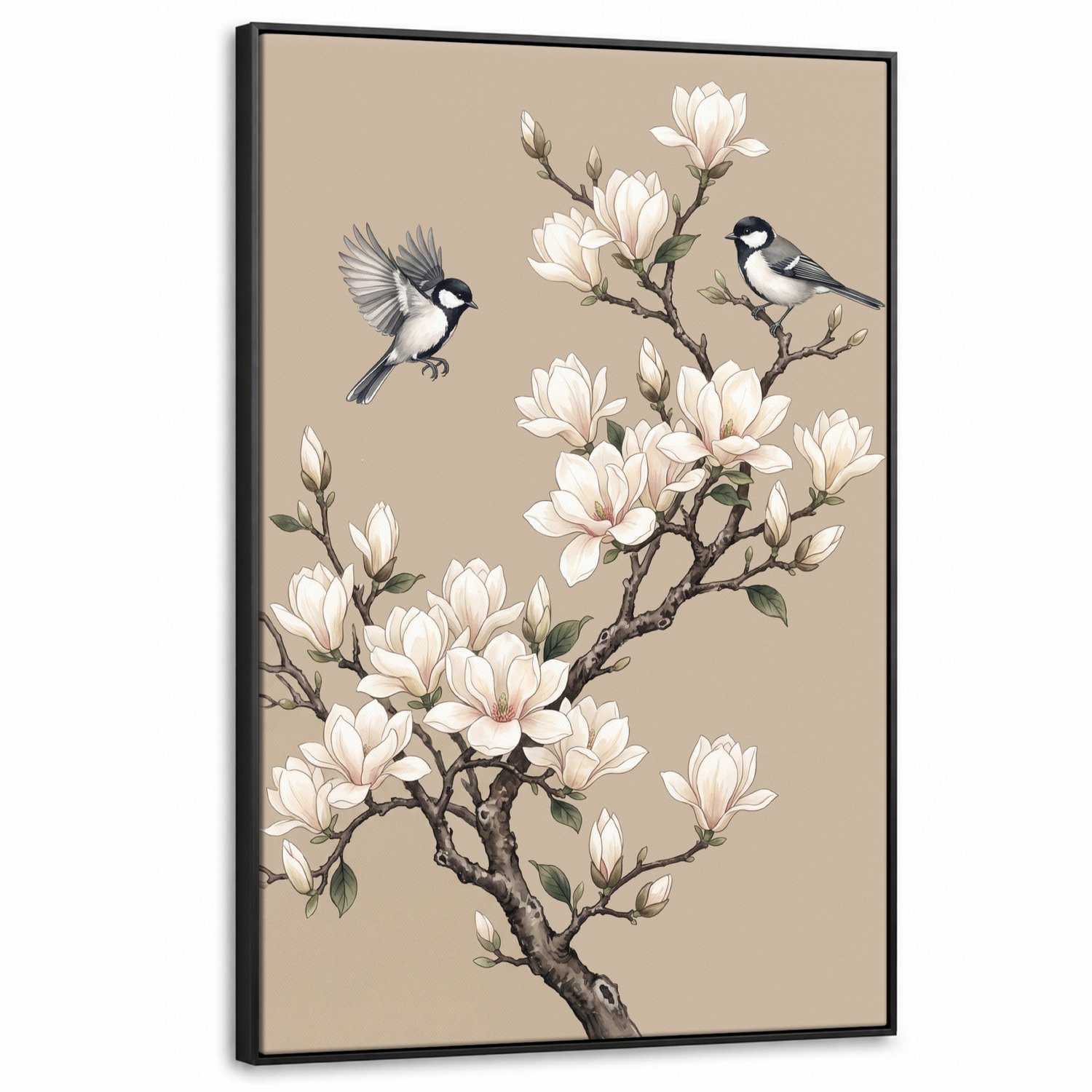 Canvas Schilderij met Baklijst XXL Canvas Schilderij met Baklijst 90x140cm - Oosters - Vogels - Beige - Muurdecoratie woonkamer - Slaapkamer decoratie - Kamer accessoires - Schilderijen op canvas met lijst groot