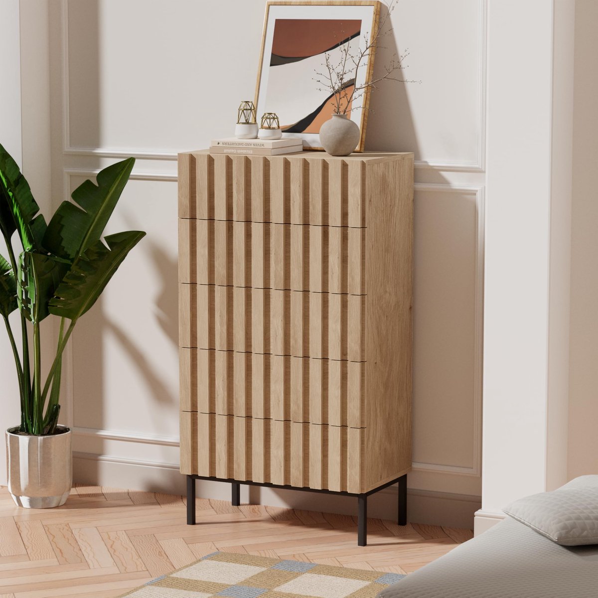 UEV Moderne Hoge Commode met 5 lades – Smalle Kast 60x34x110 cm – Naturel Natuur