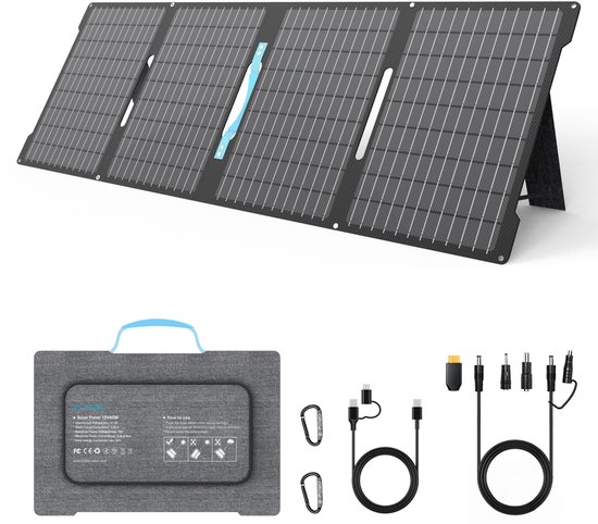 Grijze, opvouwbare 60W zonnepanelen met zwarte zonnecellen en een blauwe handgreep in het midden. Accessoires zijn een USB-C kabel, diverse DC-kabels en karabijnhaken.
