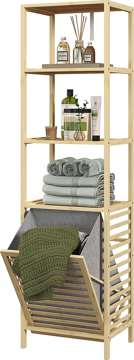Badkameropbergrek van bamboe met 3 planken en 1 uitneembare wasmand - 44L x 33B x 160H cm