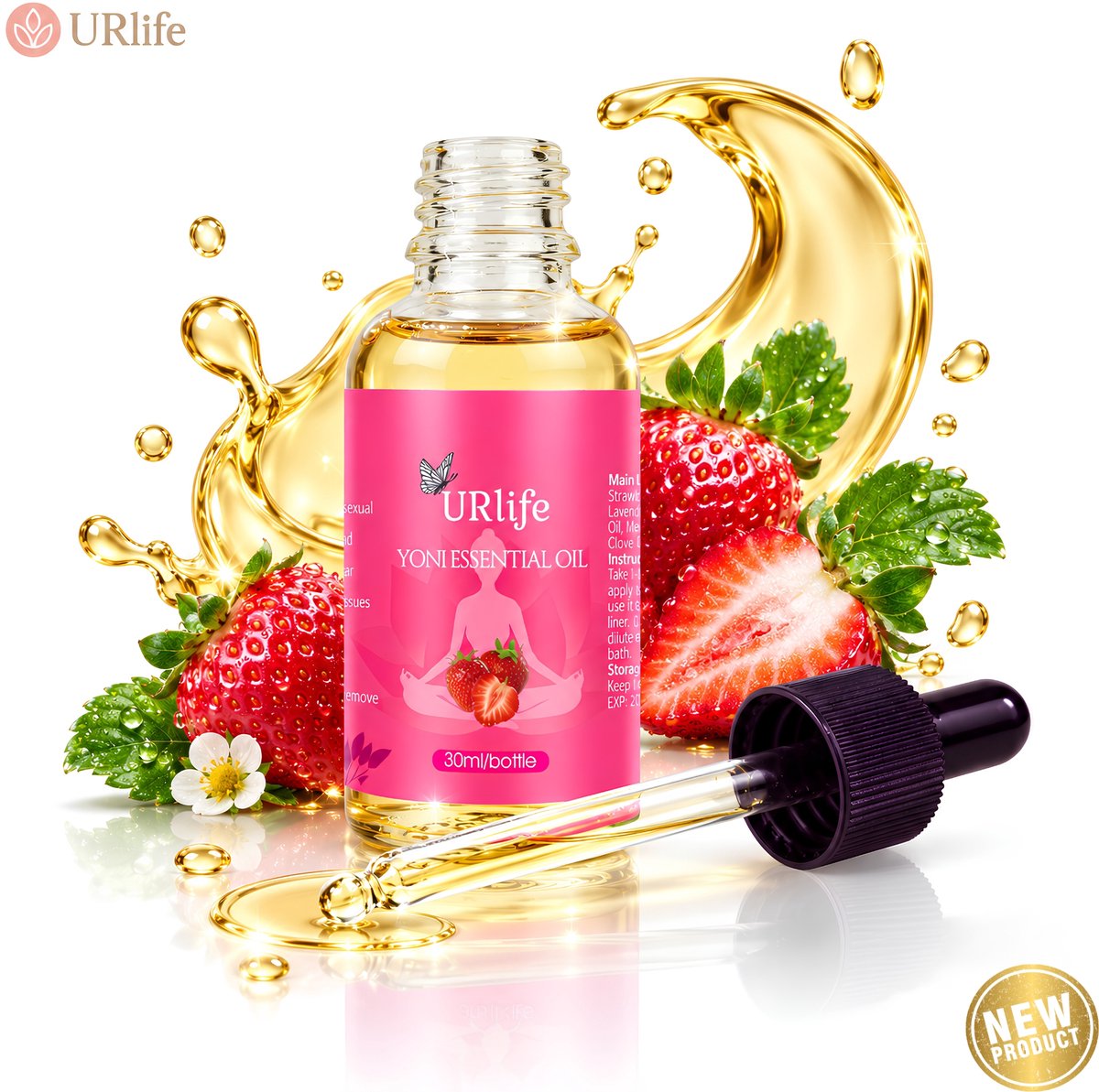 URlife Yoni Olie Aardbei – Vaginale Olie & Yoni Oil – Intieme Verzorging Vrouw – pH-Neutraal, 100% Natuurlijk – Hydraterend, Verzachtend & Fris