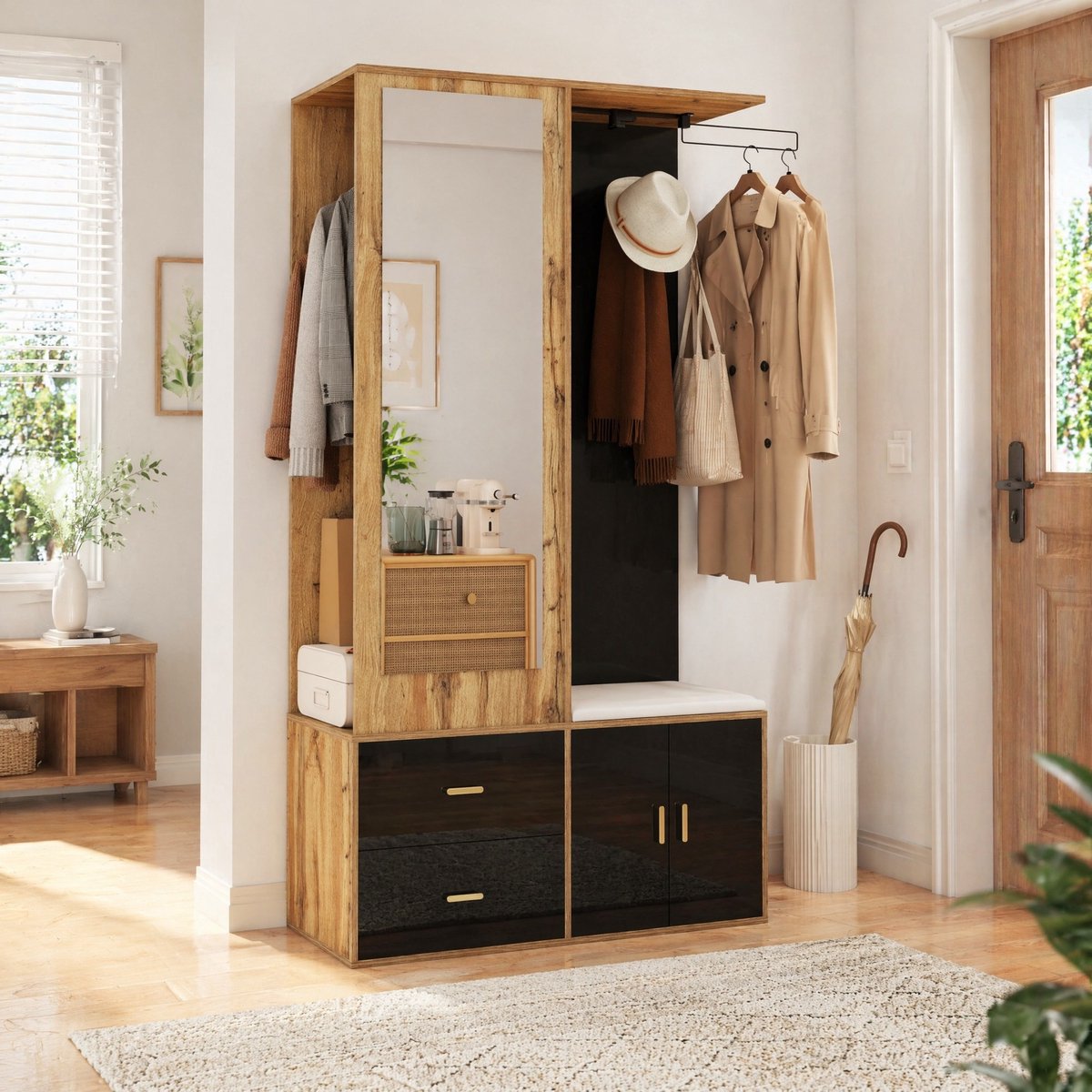 MEUNIQ Schoenenkast met spiegel, schoenenbank met zacht kussen, haken en uittrekbare kledingstang – 100 x 38 x 180 cm – zwart en naturel
