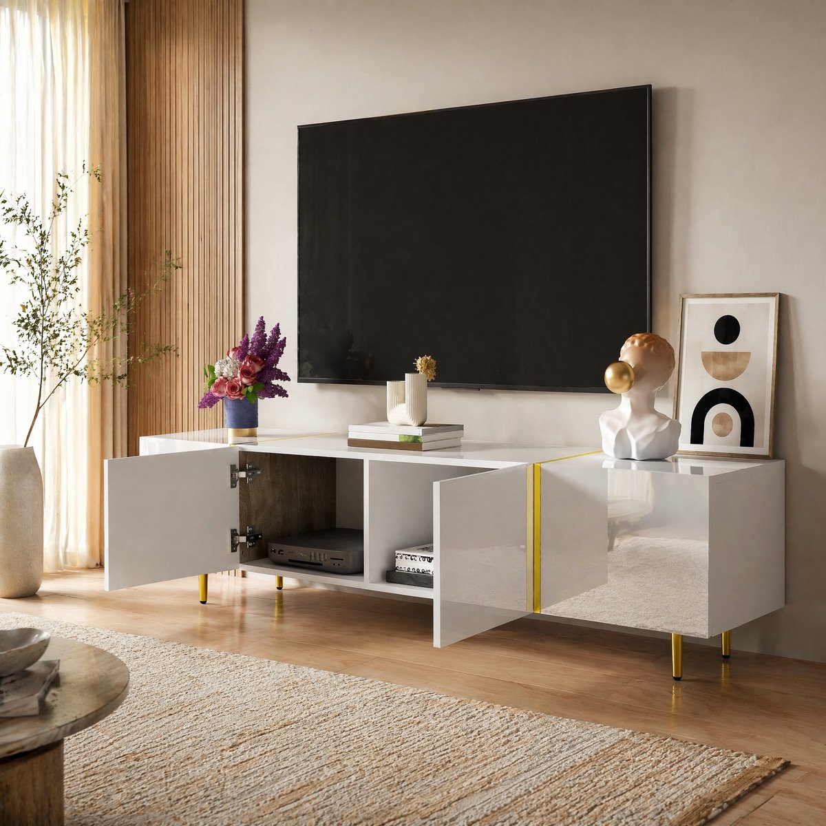 MEUNIQ TV-meubel 170 x 35 x 46 cm met 4 deuren, soft-close scharnieren en opbergruimte voor woonkamer, wit hoogglans met goudkleurige accenten