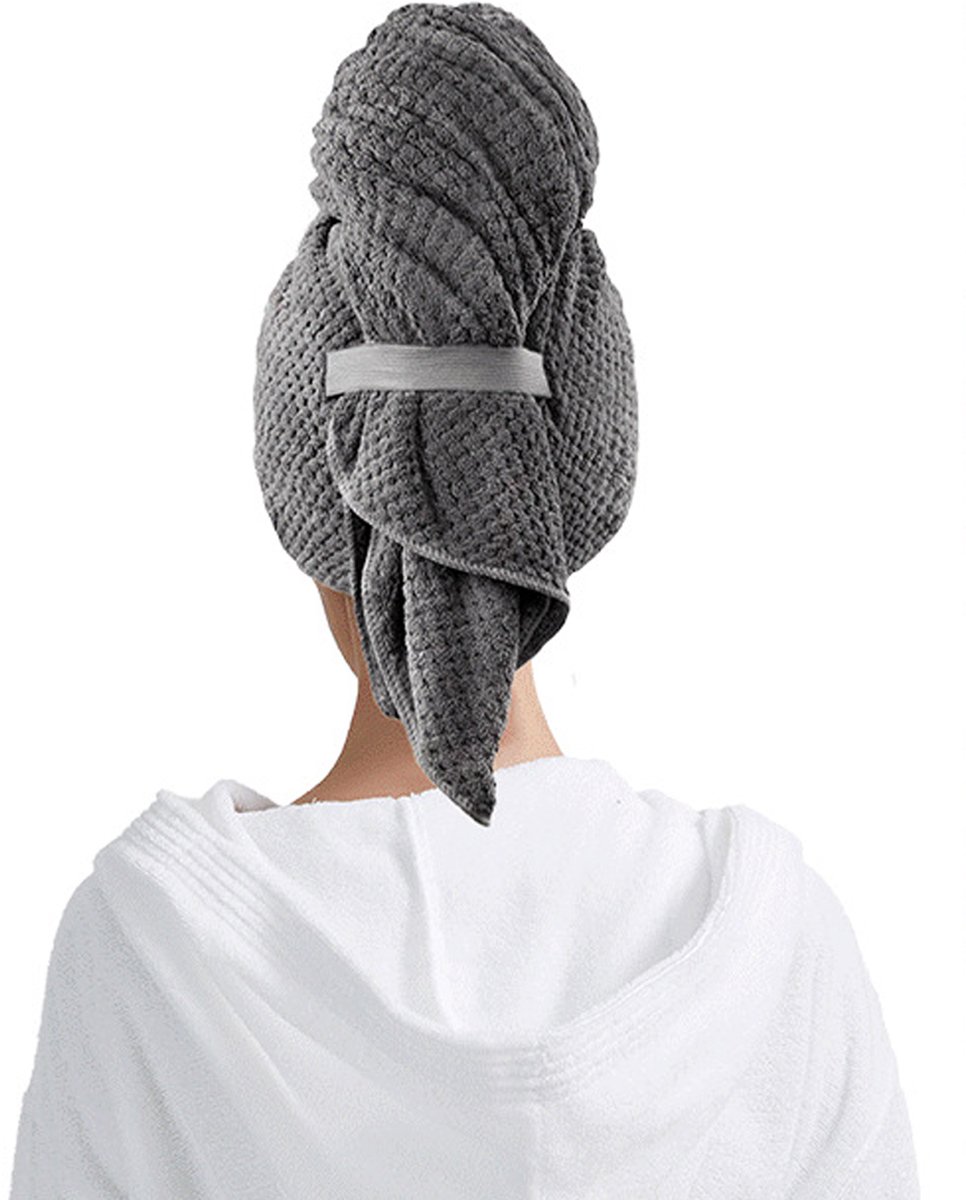 REDOM Haar handdoek 105 x 63 cm – Microvezel handdoek met elastische band – Praktische oplossing voor haarverzorging na het douchen – Badkamer accessoire voor dagelijks gebruik – Grijs