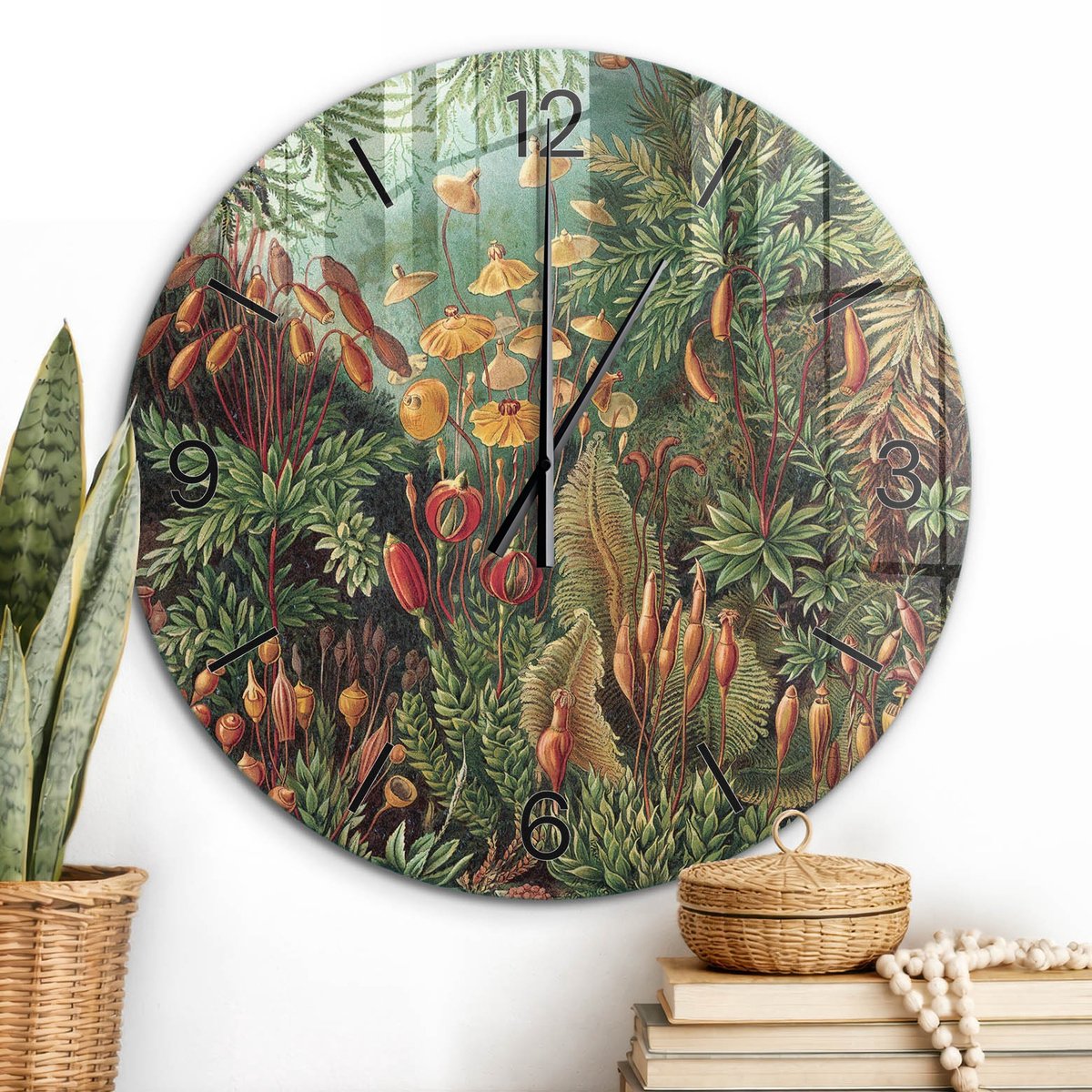 ArtPrintCave Groene Glazen Klok - Wandklok 60 cm - Muurklok Rond - Retro Tuin Wandklok Keuken - Natuur Unieke Klok - Zwarte Klokwijzers