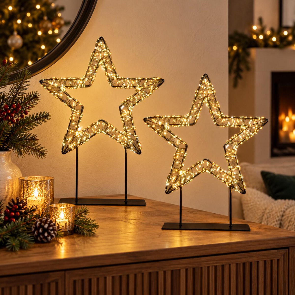 Anna's Collection Verlichte ster/decoratie ster - 2x - metaal - warm wit licht - D36 cm - 800 micro led lampjes - kerstverlichting