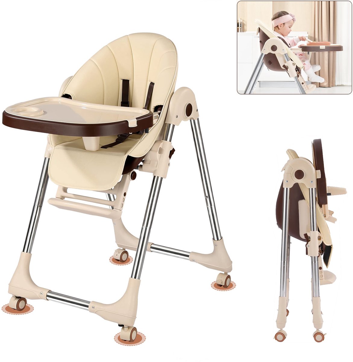 Kinderstoel voor baby/kind- Verstelbare zitkanteling & hoogte - Afneembaar eetblad - 4 Wielen - Beige