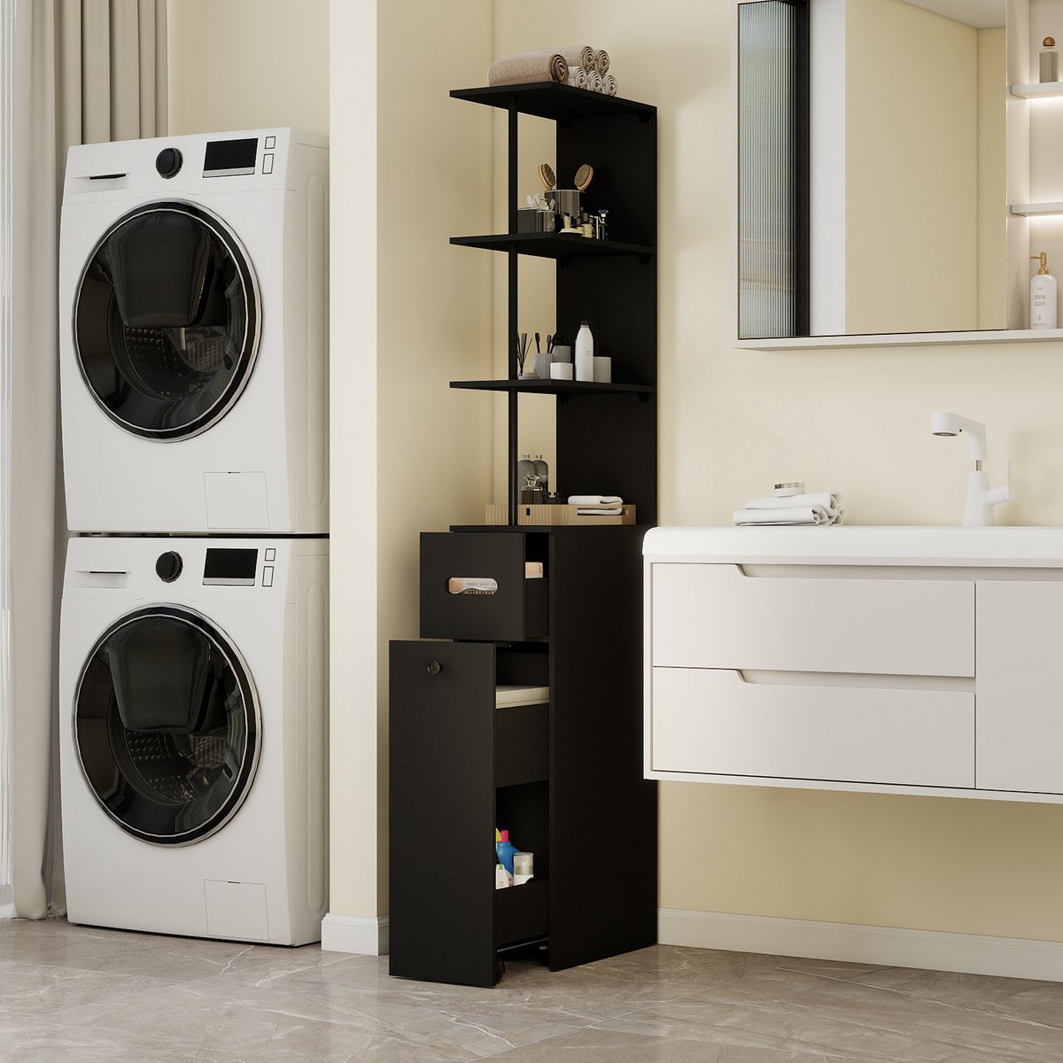 Puluomis Badkamerkast - 2 Lades - 3 open plank niveaus - 23 x 40 x 167 cm - Smal - Zwart