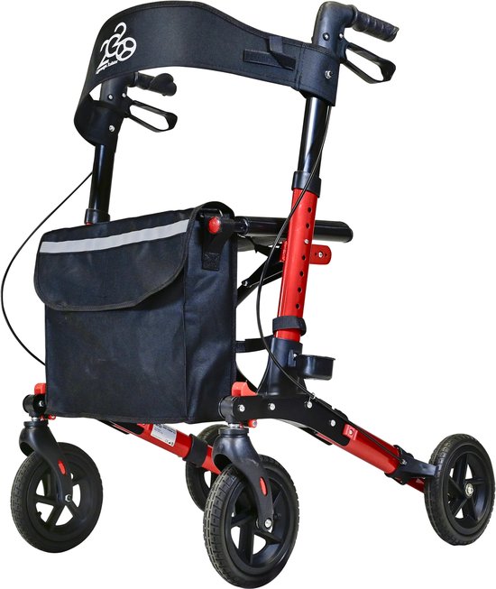 Rode rollator met vier zwarte wielen, een opvouwbare zitting, een zwarte tas en een logo op de rugleuning.