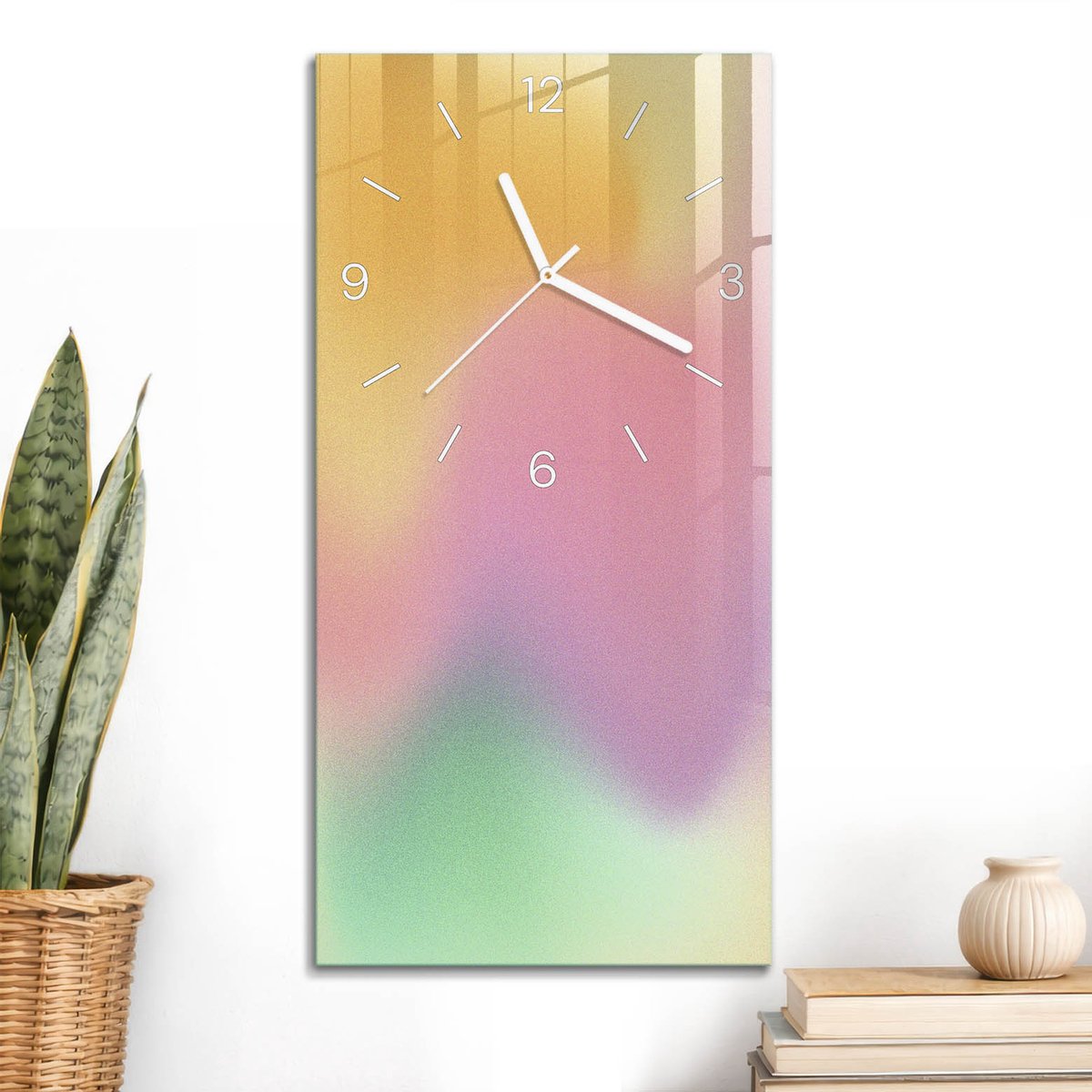 ArtPrintCave Geel Glazen Klok - 30x60 cm - Rechthoekige Wandklok - Kleurrijke Abstractie Stille Wandklok - Kunst Wandklok Keuken - Witte Klokwijzers