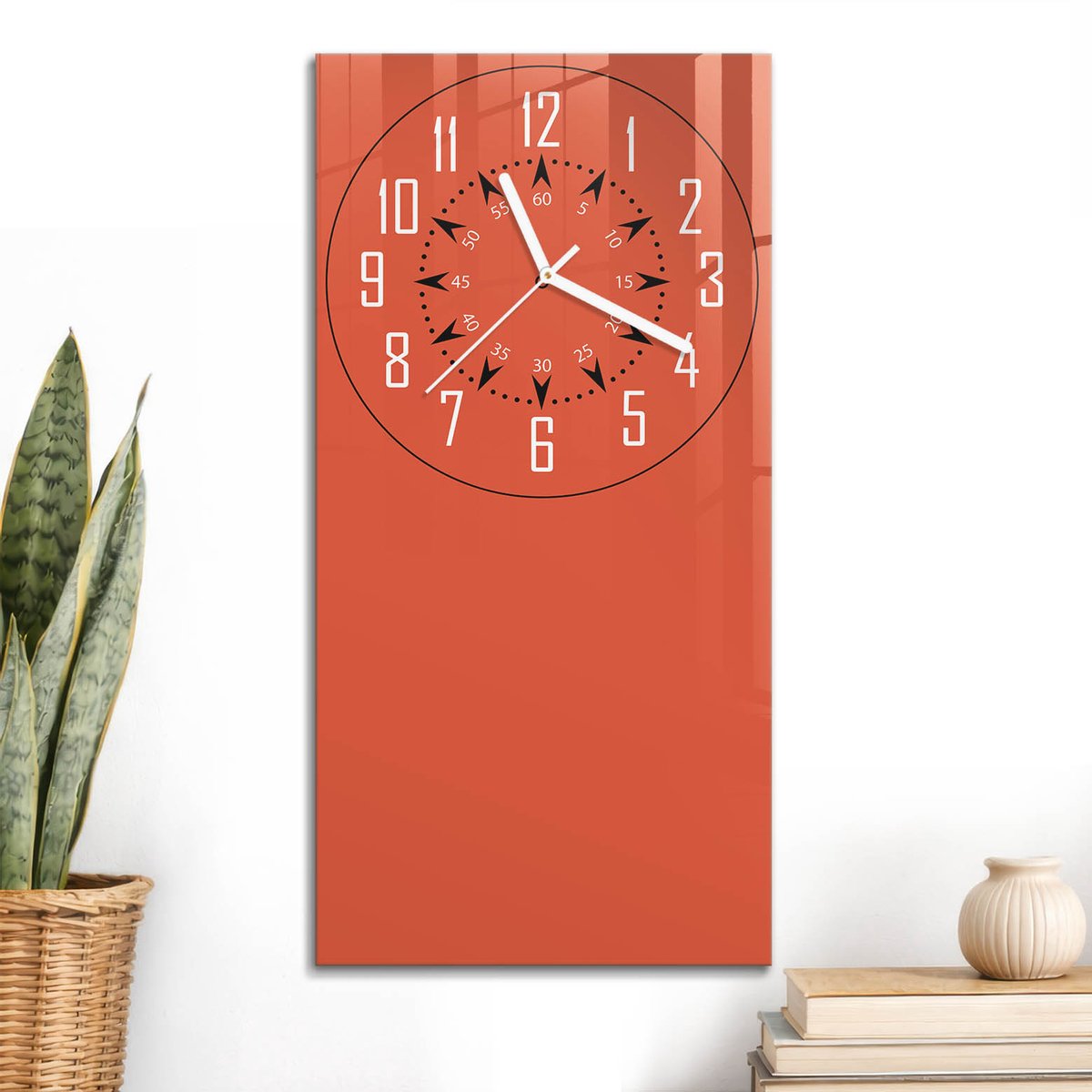 ArtPrintCave Oranje Glazen Klok - 30x60 cm - Rechthoekige Wandklok - Oranje Schild Wandklok Keuken - Achtergronden En Patronen Unieke Klok - Witte Klokwijzers
