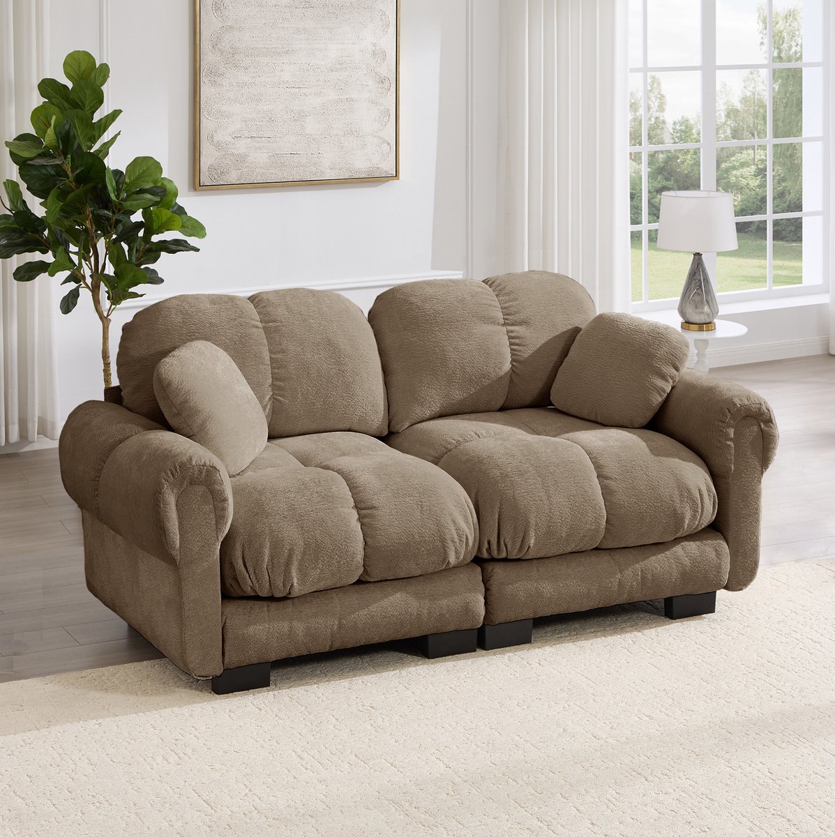 MODFU 2-Zits Bank - Dikke Zitkussens - Modulair - Gestikt Design - Woonkamer - Chenille - Bruin - 190 Cm