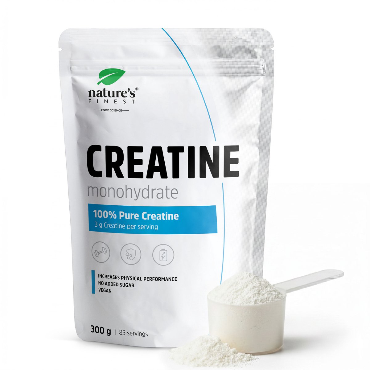 Nature's Finest Creatine Monohydraat - 300 g Poeder - 85 Porties - 3 g Creatine per Dagdosis - Verhoogt de Fysieke Prestaties bij Korte Intensieve Inspanning - Eén Ingrediënt zonder Toevoegingen