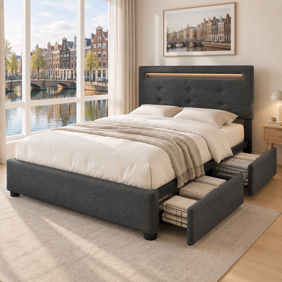 WUVRIE Bedframe 90x200 cm met LED-verlichting, 2 lades, verstelbaar hoofdbord en lattenbodem, grijs