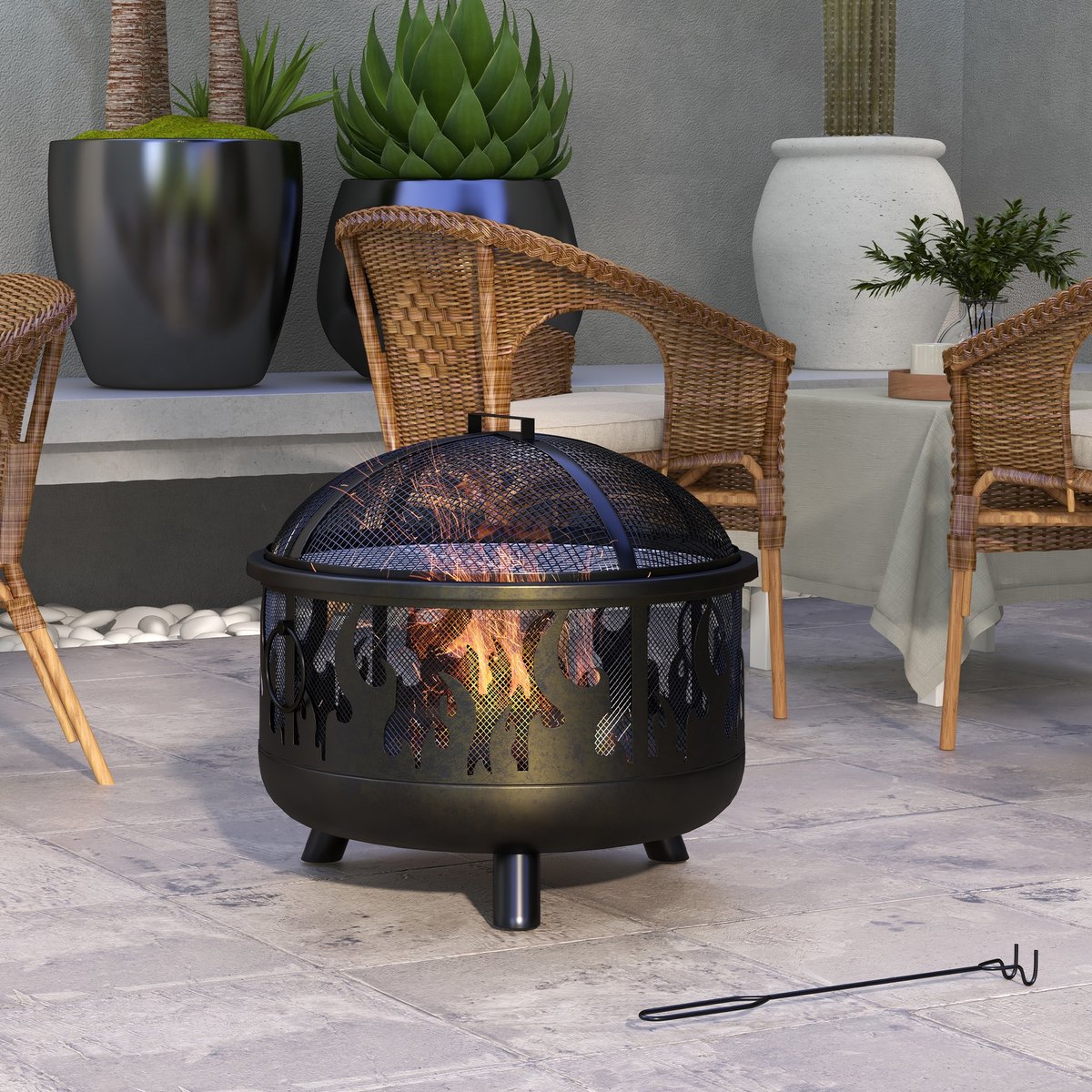 Vuurschaal Met Grillrooster - Zwarte Stalen Vuurkorf - Tuin Vuurplaats - Houtstook - Diameter 61,5 cm - Verwarmen En Barbecueën - Voor Terras Zwart
