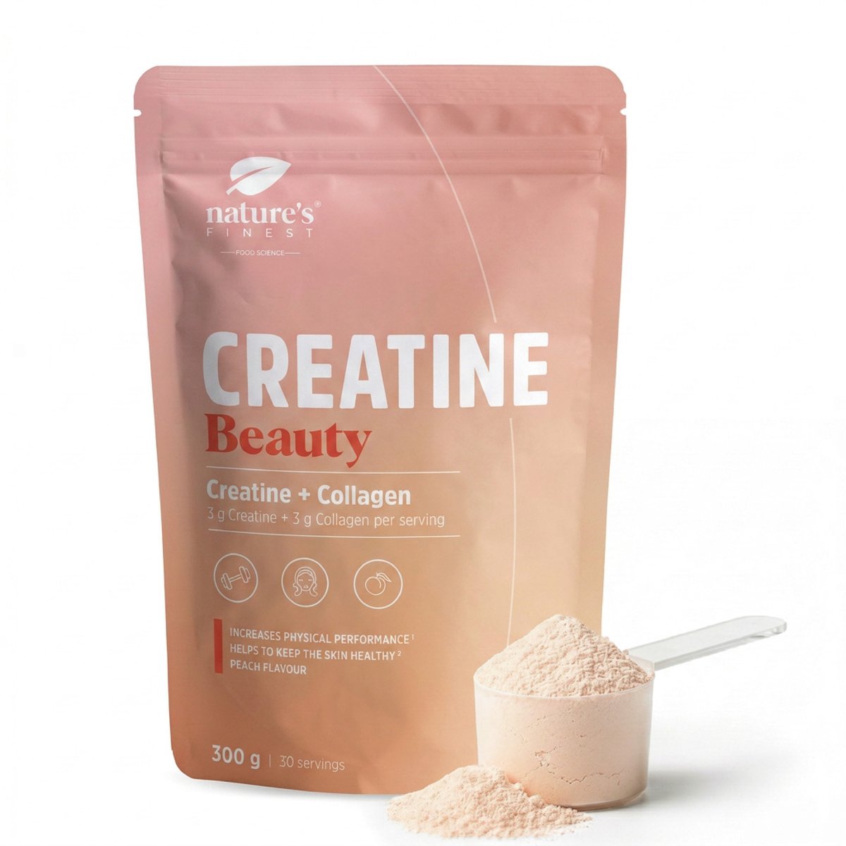 Nature's Finest Beauty Creatine Perzik - 300 g Poeder - 30 Porties - 3 g Creatine en 3 g Collageen met Biotine en B-Complex - Biotine Draagt bij aan Normaal Haar en een Normale Huid