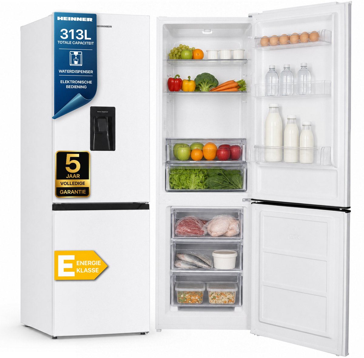 Heinner HC-HM313WDE++ Koel-vriescombinatie met Waterdispenser – 313 L – Energieklasse E – Instelbare Thermostaat – LED-verlichting – Omkeerbare Deur – Wit – 5 Jaar Garantie