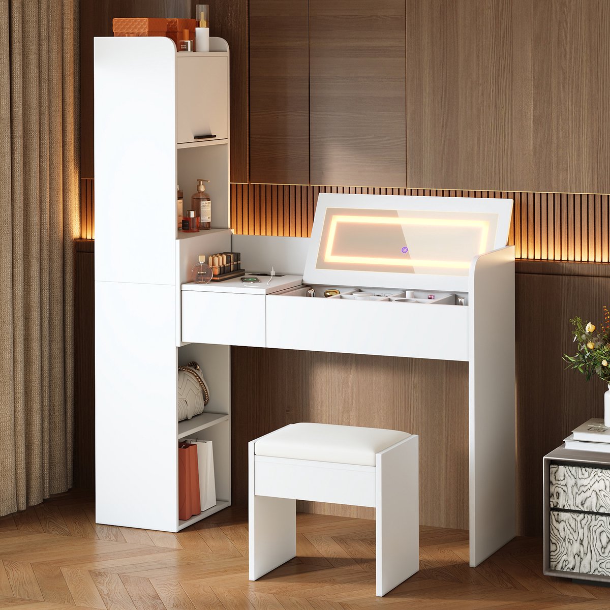 Zubaliya Kaptafel met LED-spiegel, kruk en hoge zijkast - wit - 131 x 40 x 160 cm