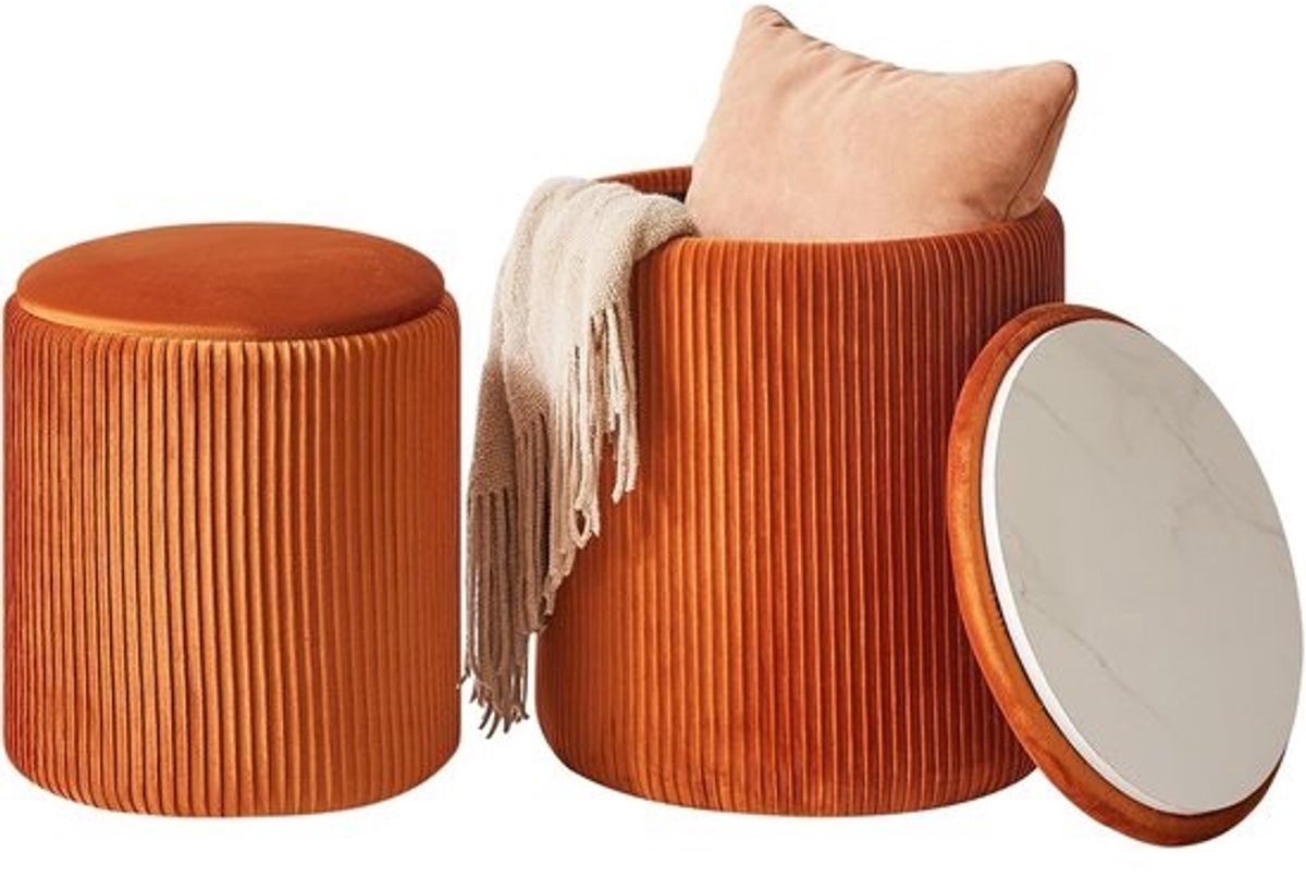 Set van 2 Ronde Ottomaanse met Opbergruimte - Multifunctionele Fluwelen Kruk voor Woonkamer en Slaapkamer