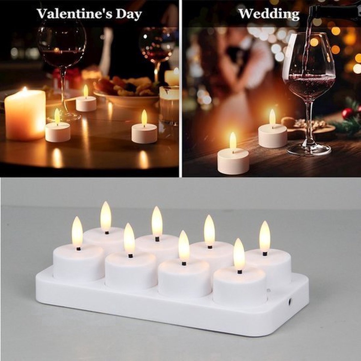 Flintry Oplaadbare Theelichtjes , 8 Stuks Op Batterijen Werkende 3D-lont Flikkerende Vlamloze Kaarsen Met Oplaadstation Voor Halloween-kerstdecoratie (4 X 4,7 Cm) 8 pcs - zonder afstandsbediening