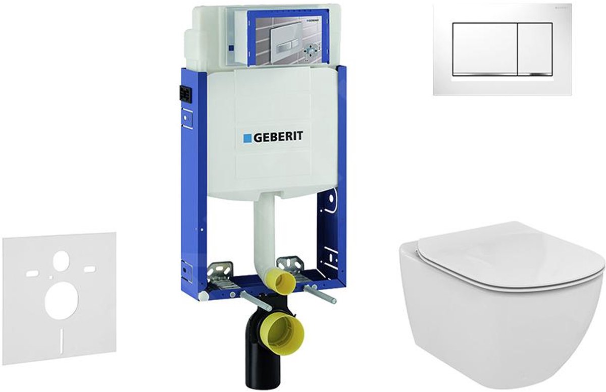 Inbouwreservoir voor hangend toilet met SIGMA30 bedieningsknop, wit/glanzend chroom + Ideal Standard Tesi - hangend toilet en wc-bril, Aquablade, SoftClose