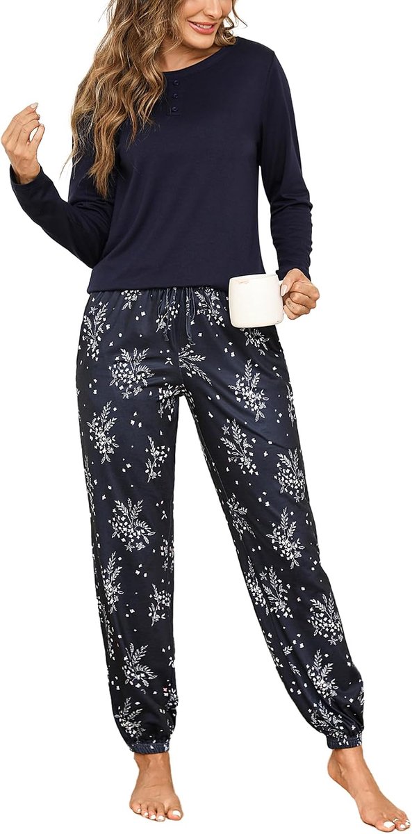 Damespyjama van katoen, lange mouwen, met zak, herfst, winter, bedrukte broek met manchetten