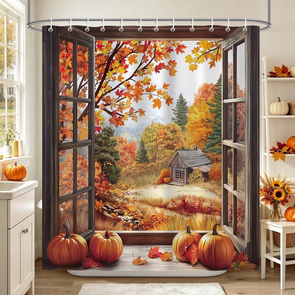 Douchegordijn, 180 x 180 cm, herfstbos, rustieke cabine, pompoen, oogstfeest, douchegordijnen, anti-schimmel, waterdicht, polyester, badgordijn met 12 douchegordijnringen