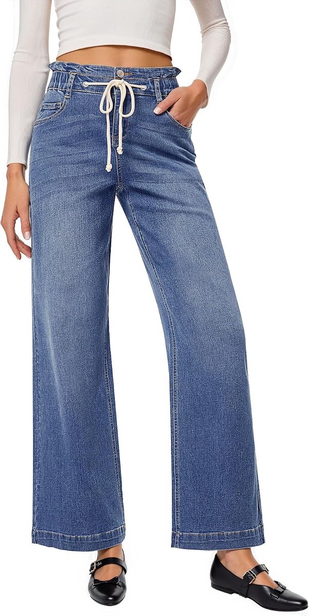 Jeans dames hoge taille met elastische tailleband stretch baggy flared jeans