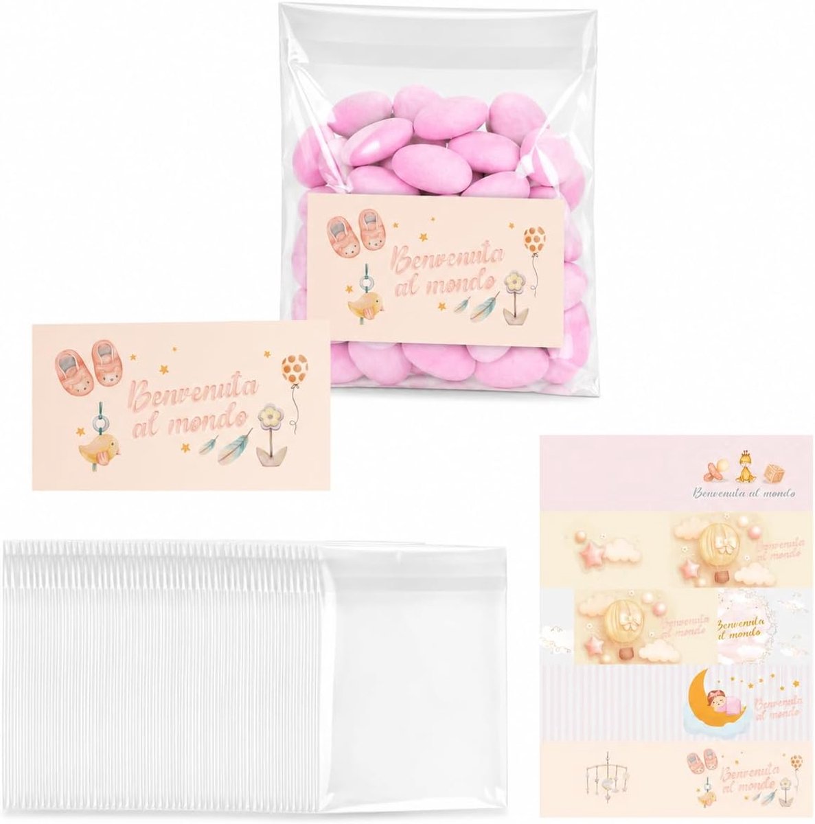 Zakjes voor snoepjes voor geboorte, meisjes, set van 50 hersluitbare transparante zakjes + 50 verschillende kaarten, gastgeschenken voor geboorte, doop, babyshower
