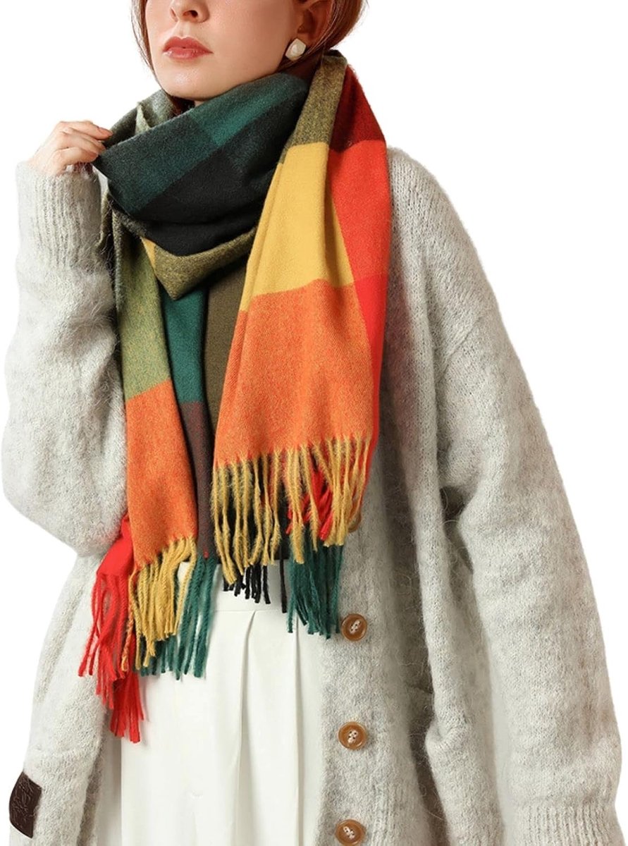 Sjaals voor dames, geruit, poncho, zacht, hoogwaardig gebreide wintersjaal met kwasten