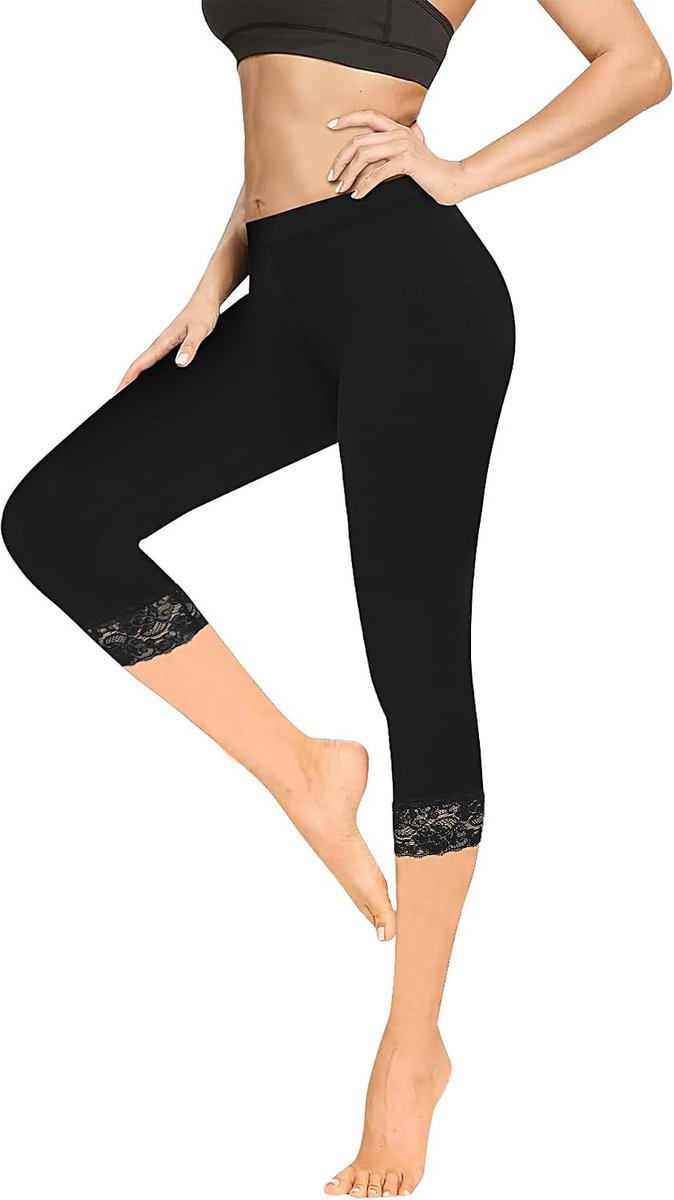 Leggings voor dames, 3/4 sportlegging van katoen, capribroek voor dames, zomer, buik, ondoorzichtig, kant, yoga, leggings, elastisch, zacht, voor sport of casual