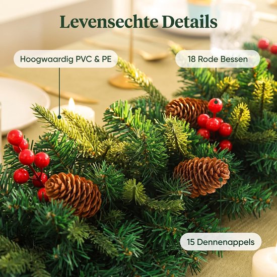 Kerstguirlande met dennenappels, rode bessen en kunstgroen. "Levensechte Details", "Hoogwaardig PVC & PE", "18 Rode Bessen", "15 Dennenappels".