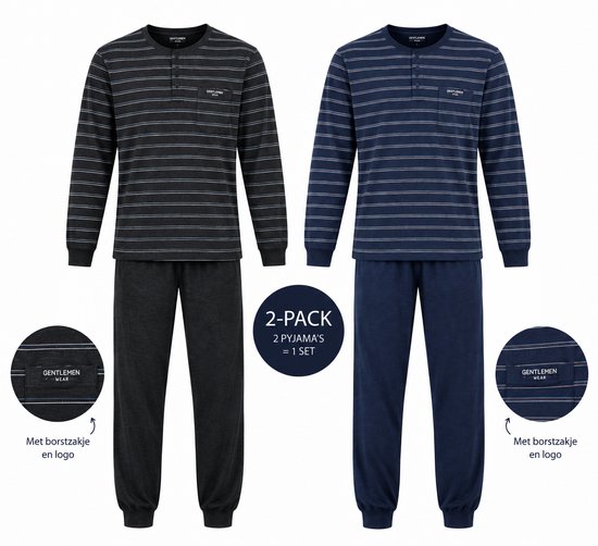 2-pack pyjama's in grijs en donkerblauw, beide met fijne strepen en een borstzakje met logo.