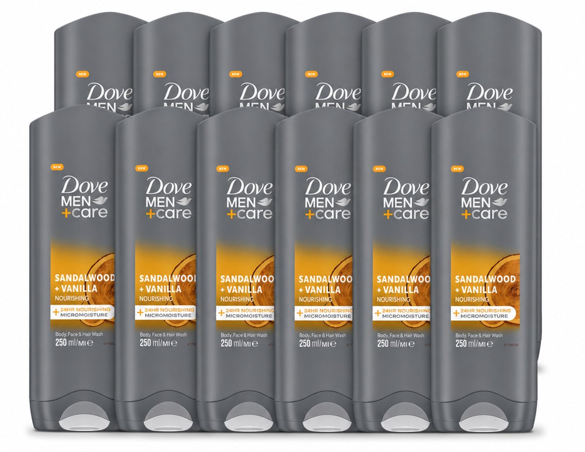 12 x Dove – Douchegel – Men+Care Sandalwood & Vanilla – 250 ml - Voordeelverpakking - 12 stuks