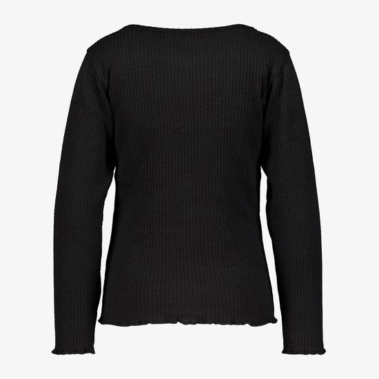Zwart, langarmig meisjes T-shirt met ronde hals en geribde stof. Onderrand en mouwuiteinden met festonrand. Achteraanzicht.