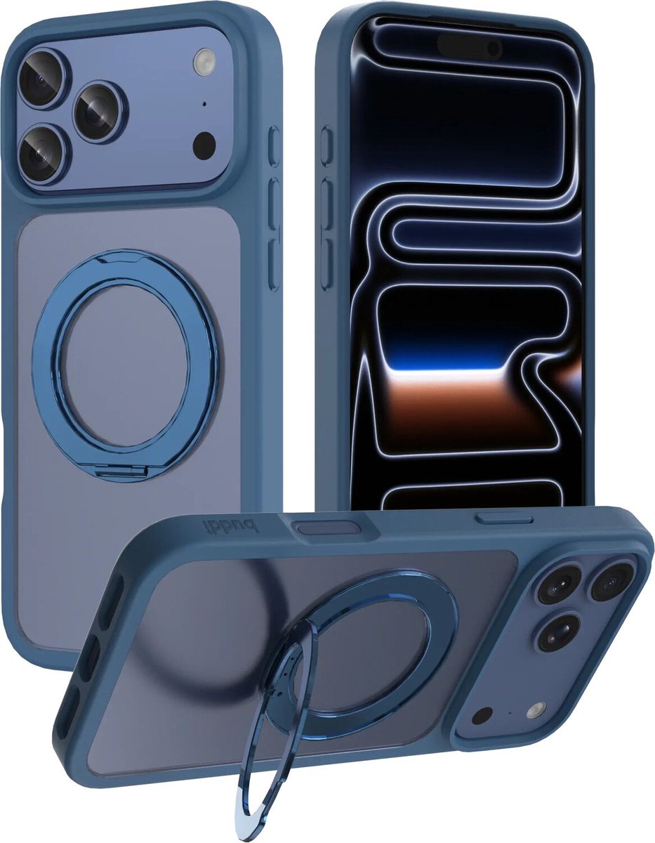 Buddi Frost Hoesje Geschikt voor Apple iPhone 18 Pro Max - Mat Donker Blauw - Met Ring Stand - MagSafe Back Cover - Matchende kleur - Met 360° Draaibare Standaard - Shockproof - Slank