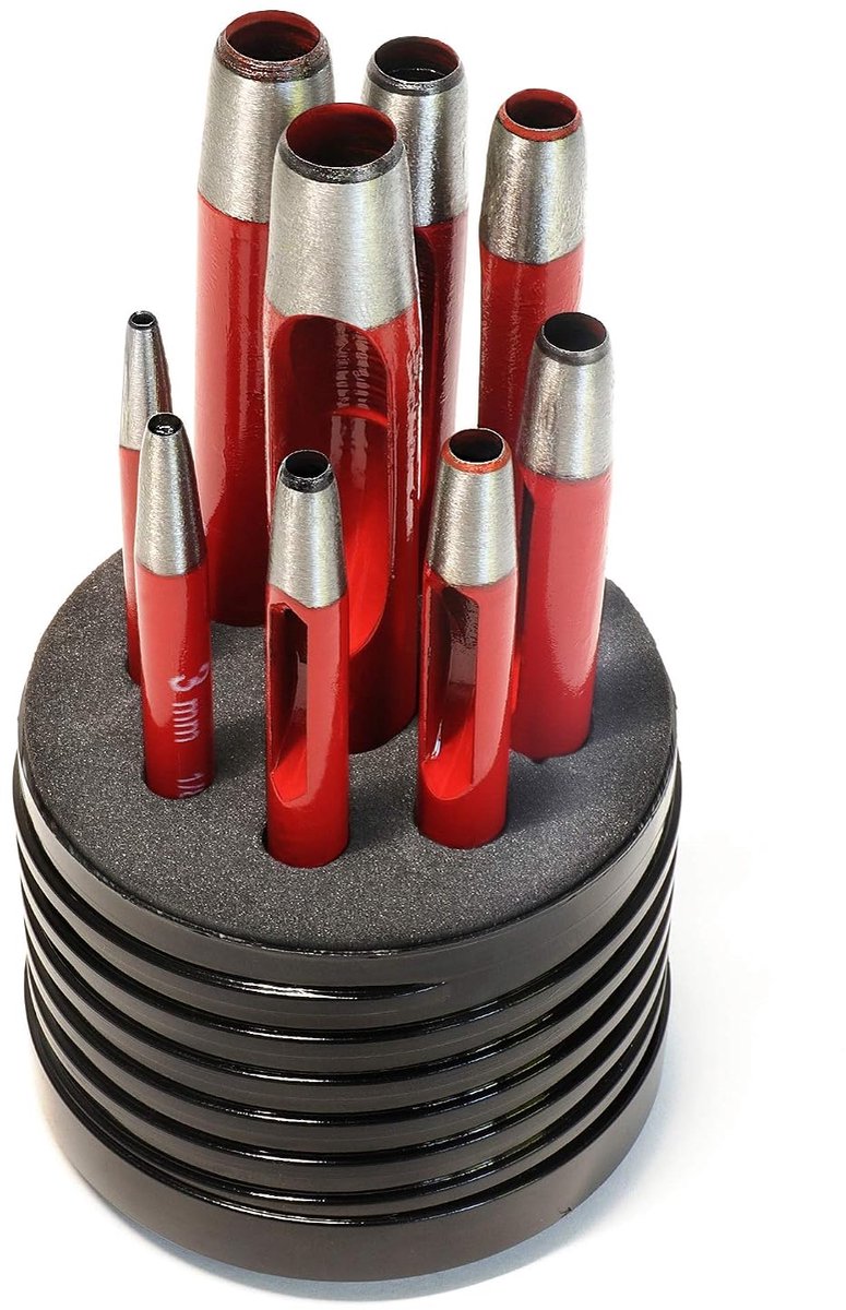Ronde Gatenijzerset/made in Germany / 9-delig. in doos 2-3-4-5-6-7-8-9-10 mm, stang lengte 105-124 mm. Gatstanzer Variostanzer | Stemmijzerset | Vormgatijzer