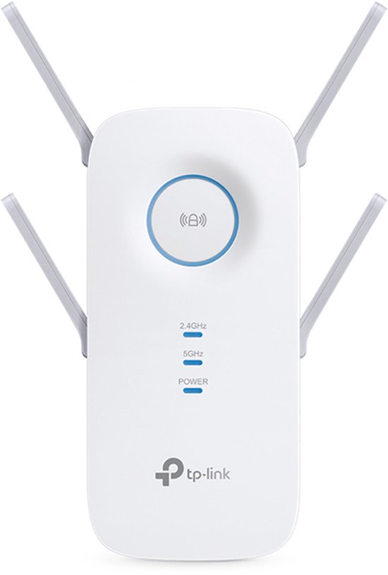 Witte TP-Link WiFi-repeater met vier antennes. Blauwe cirkel met WiFi-symbool en indicatielampjes voor 2.4GHz, 5GHz en stroom.