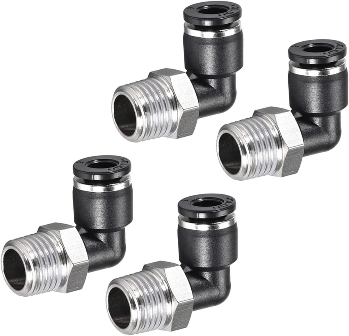 4 stuks 90° hoek indrukken verbindingsbuis beslag voor transport lucht water toepassing voor industrieel (6 mm buis AD x 1/4 NPT schroefdraad zwart zilver toon)