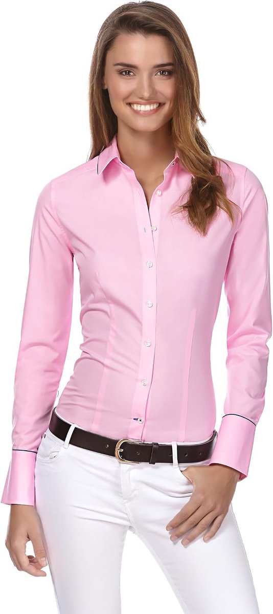 Damesblouse licht getailleerd 100% katoen gemakkelijk te strijken lange mouwen hemdblouse elegant feestelijk Kent kraag ook voor business en onder trui