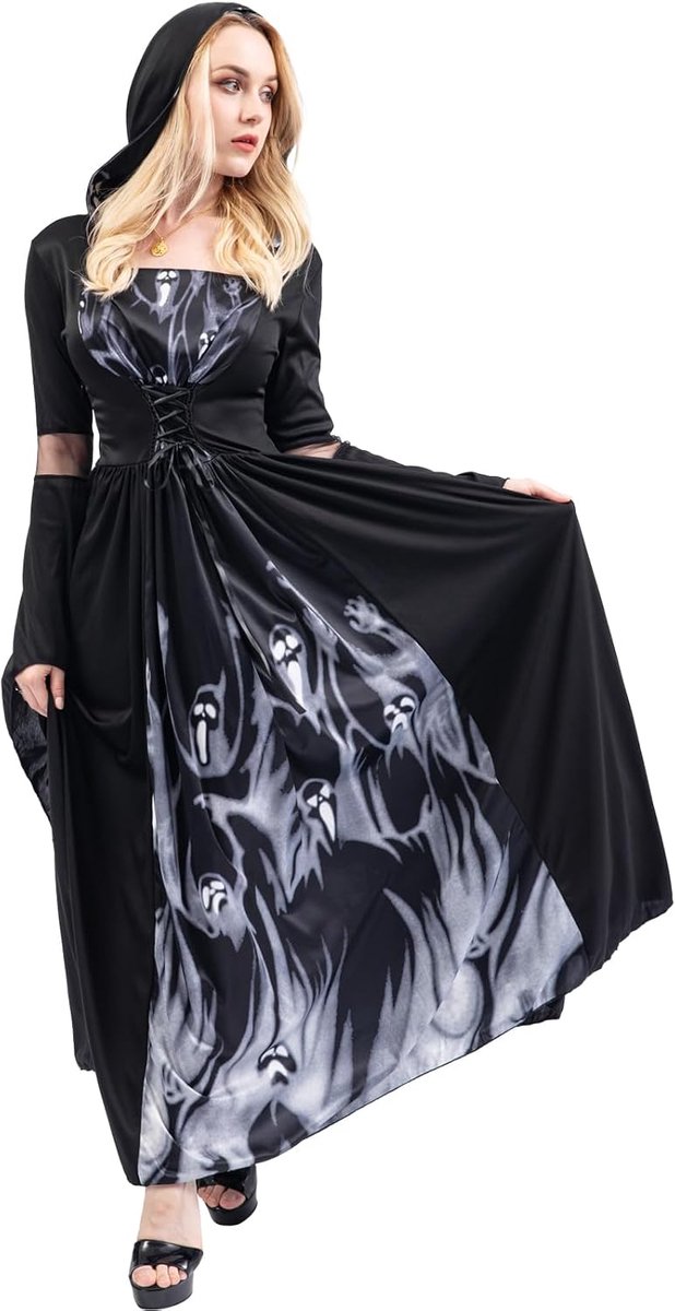 Halloween-kleding met capuchon, party, maskerade, carnaval, toneelstuk, godin vampierkostuum, retro baljurk, veterjurk, jurk met capuchon