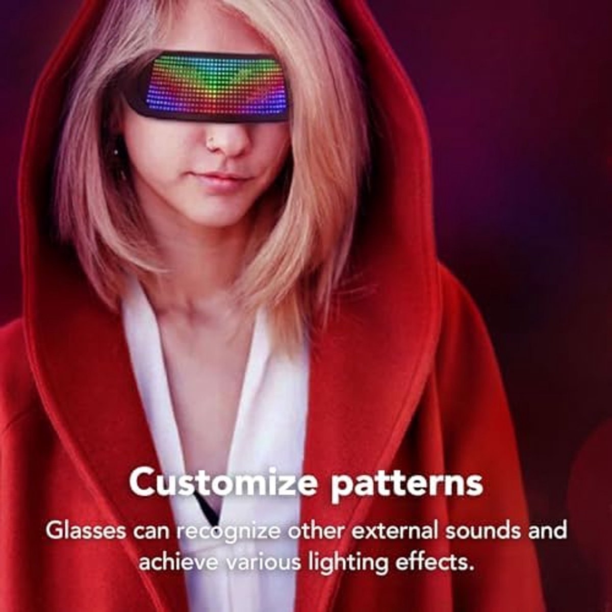 Lichtgevende Bril in Kleur, Bluetooth APP-verbonden Bediening, Doe-het-zelf/tekst/graffiti/animatie/ritmemodus, voor Volwassenen, Concerten, Festivals, Raves